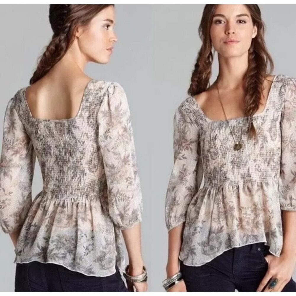 FREE PEOPLE Blouse Size XS Cream Floral Smocked Boho Peasant Baby Doll Top